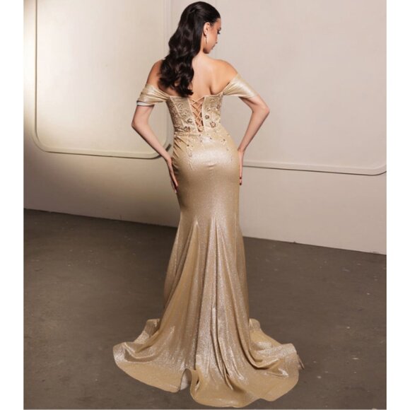 Gold Formal Long Sweetheart Draped Sleeves Mermaid Dress By May Queen MQ2104 - Picture 2 of 4